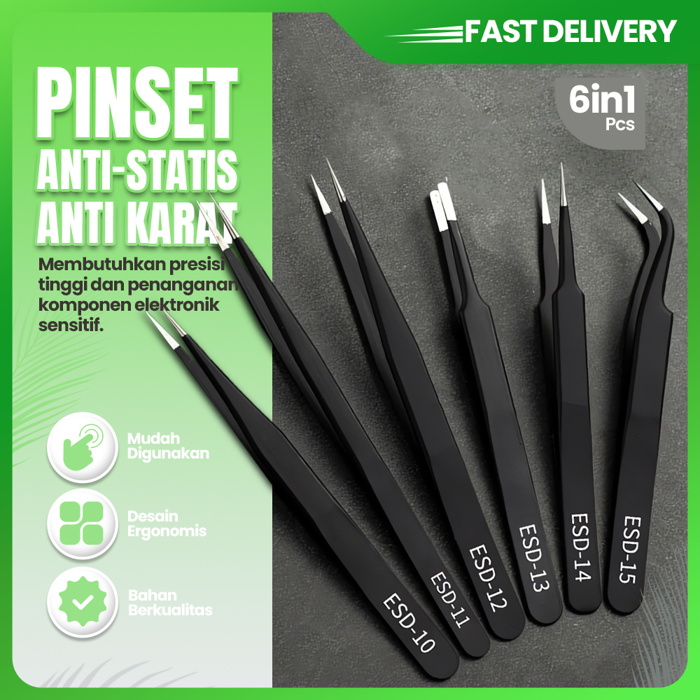 6 Pcs Pinset Anti Static ESD Set Alat Reparasi Elektronik HP Solder Komponen Kecil