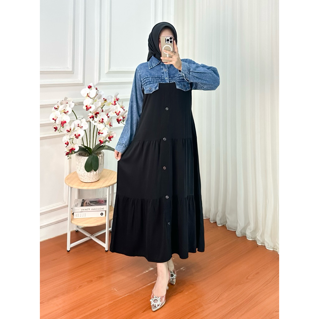 Gamis Jeans kombinasi Rayon susun Rempel