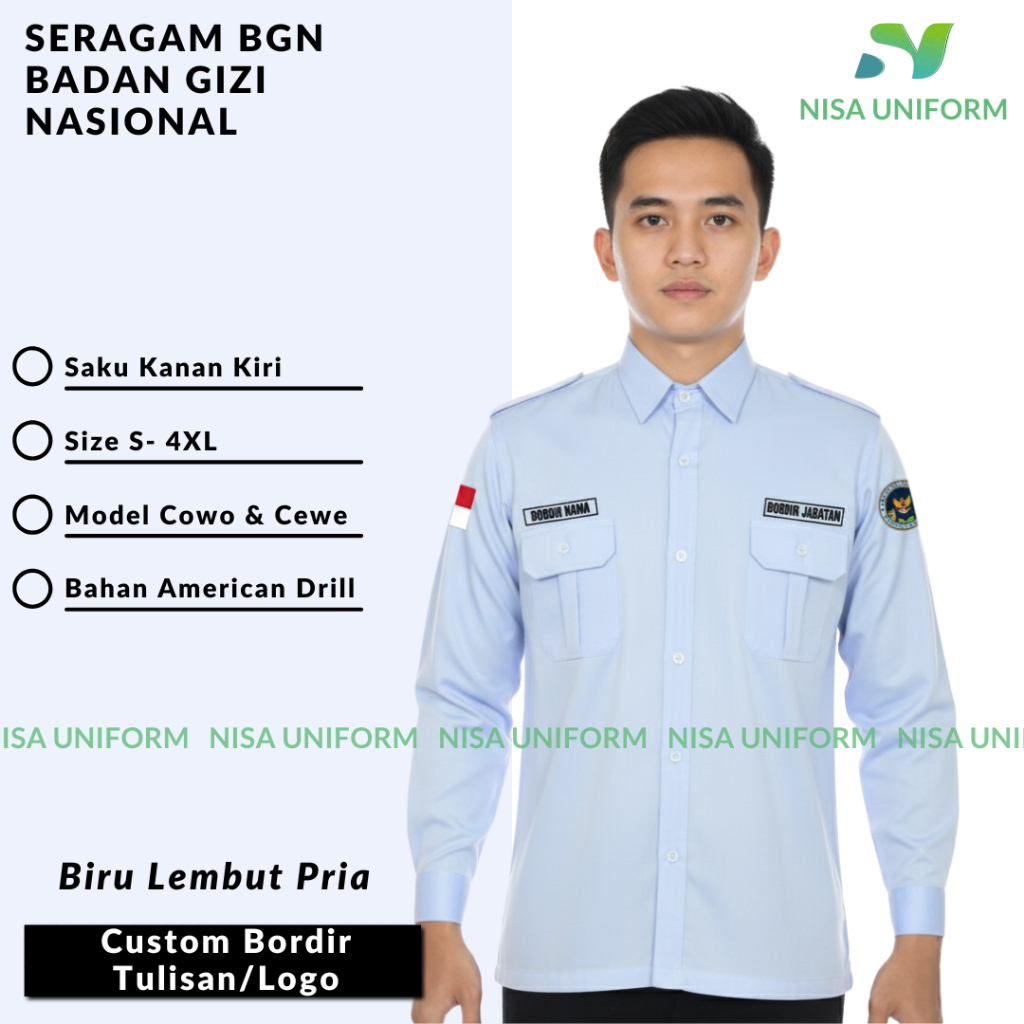 Kemeja Seragam PDL BGN Lengan Panjang Pria Wanita Bordir Logo Instansi Resmi Seragam Dinas BGN