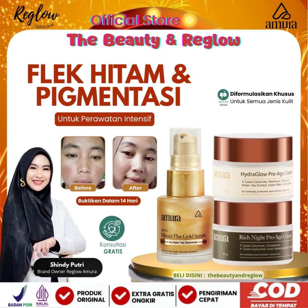 Amura Gold Series Paket Anti Flek Hitam Serum + Krim Siang Malam Untuk Kulit Dewasa