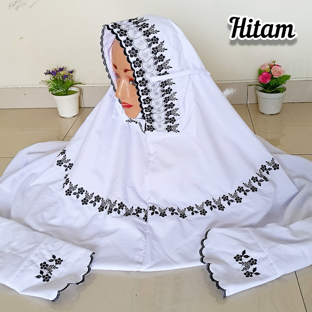 MUKENA TERUSAN BORDIR DEWASA MOTIF BUNGA BINTANG RAMBAT MUKENAH PUTIH LAJURAN