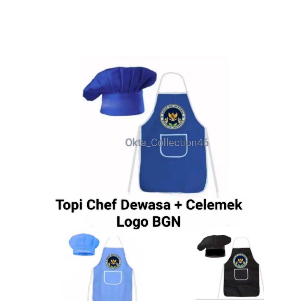 Topi Chef jamur + Apron Logo BGN / Bahan kain SAB/ Celemek Logo BGN