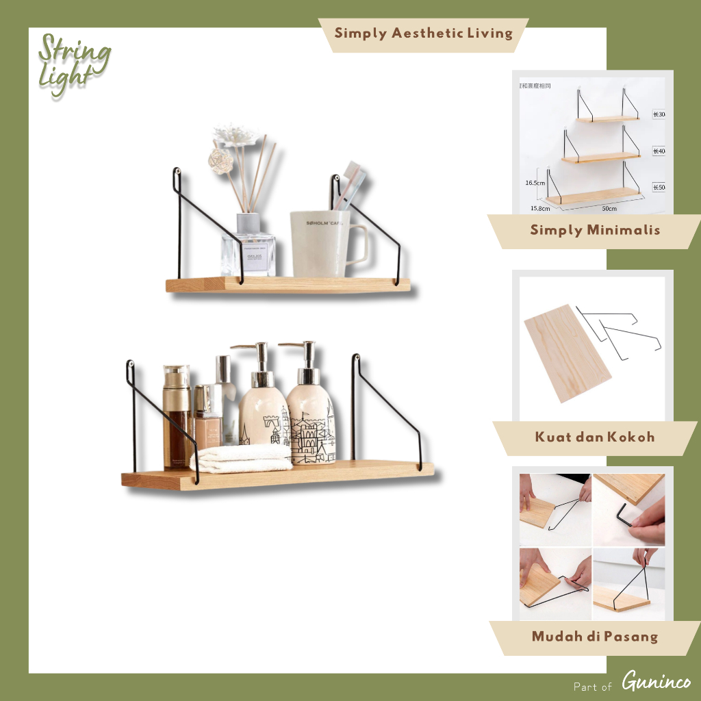 SL Raka Rak Dinding Minimalis 30cm 40cm Tempel Rak Buku Kayu Besi Storage Organizer Shelf Serbaguna