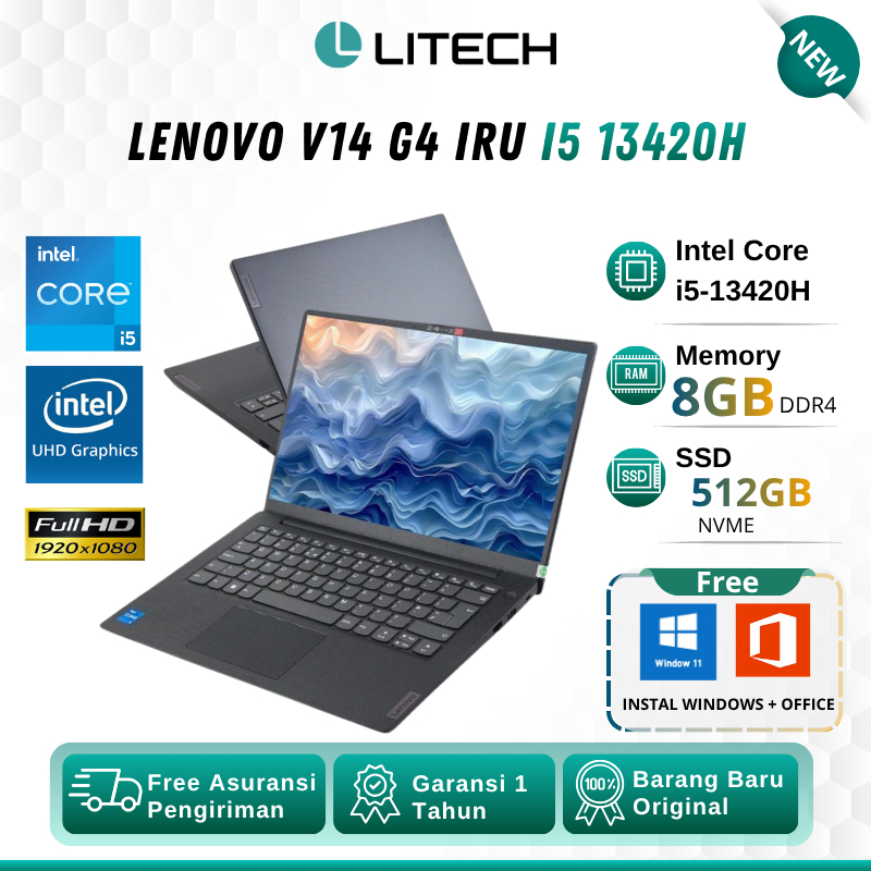 Laptop Baru Lenovo V14 G4 IRU Intel Core i5 13420H RAM 8GB SSD 512GB Layar 14" FHD Black + Free Inst