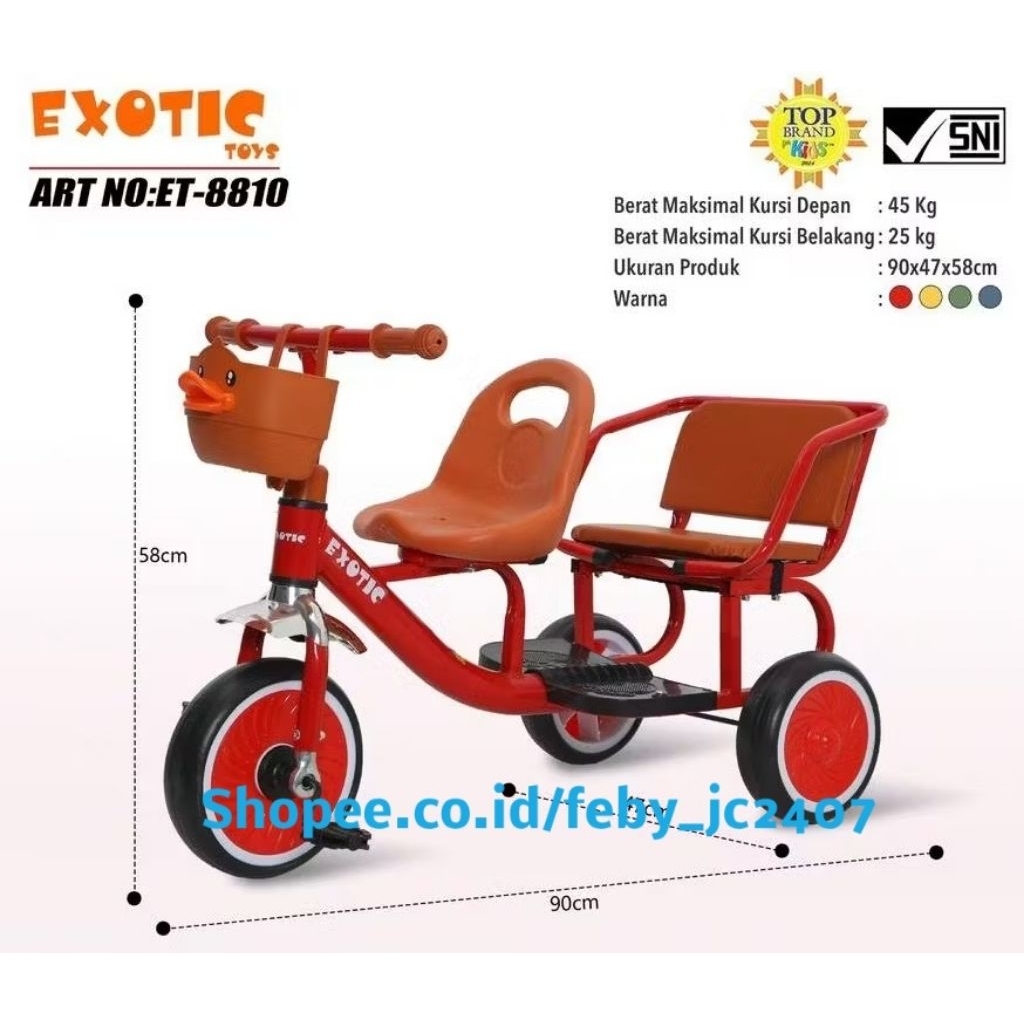 Sepeda anak roda tiga boncengan anak kembar exotic 8810
