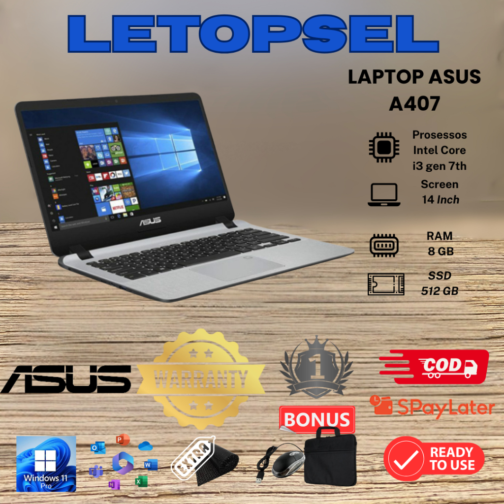 SALE Laptop Asus A407 Core i3 gen 7th Fingerprint RAM 8GB - 512 SSD