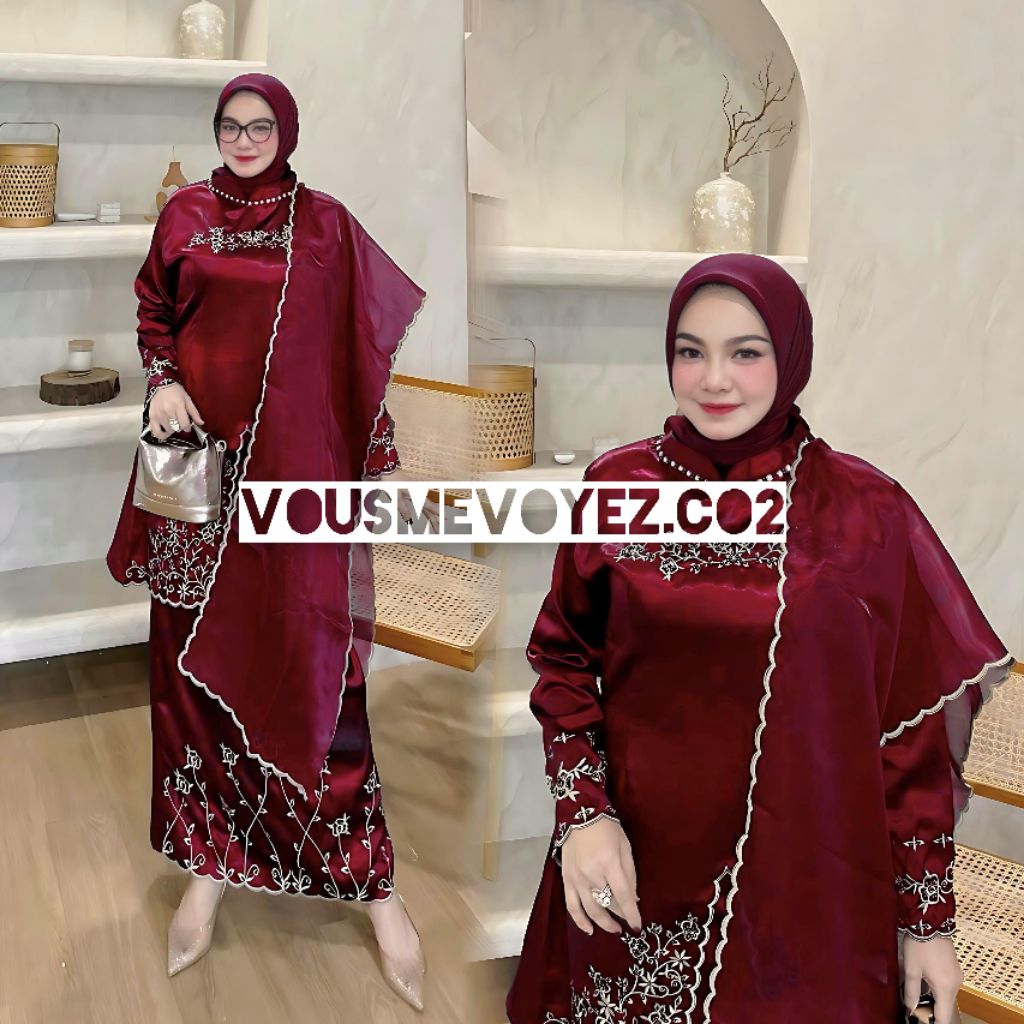 Set Selendang Nikita / Gamis Kurung Melayu / Selendang Payet Organza / Payet Mutiara Bordir / Gamis 