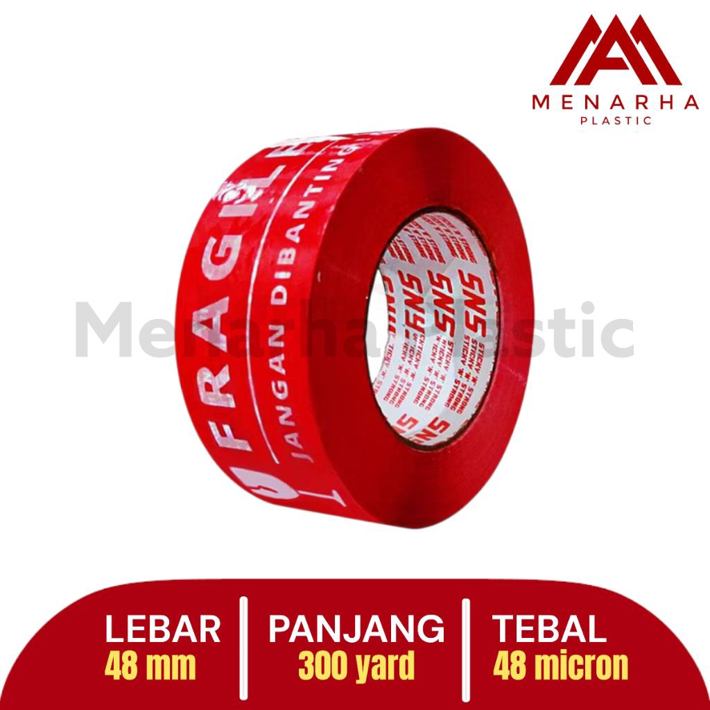 Lakban Fragile Merah Putih/ Lakban Segel Jangan Dibanting Jumbo 300 Yard