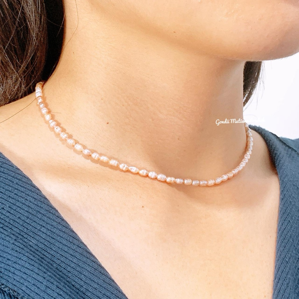 Kalung Oval Mutiara Peach 3mm Mutiara Unik Kecil Cantik Kalung Chokker Choker Wanita Mutiara Mini Ke