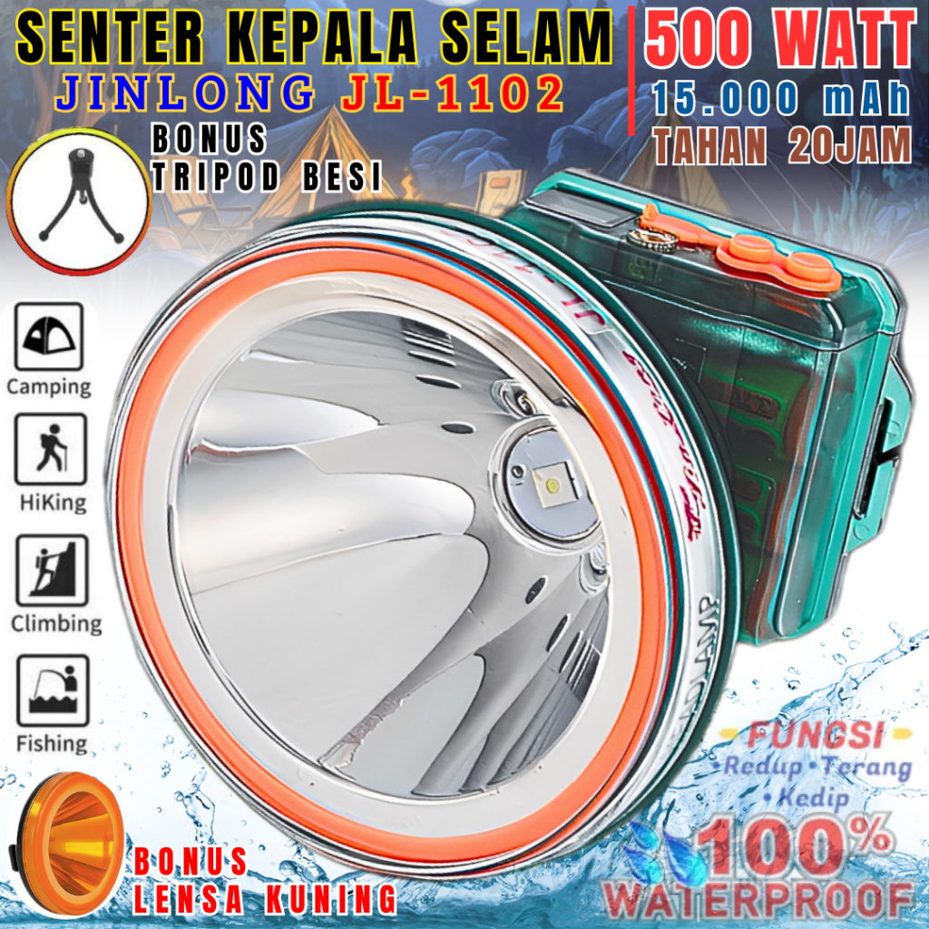 Headlamp Senter Kepala Menyelam Jinlong Jl-1102 500w | Senter Kepala Diving Super Terang 15.000mah C