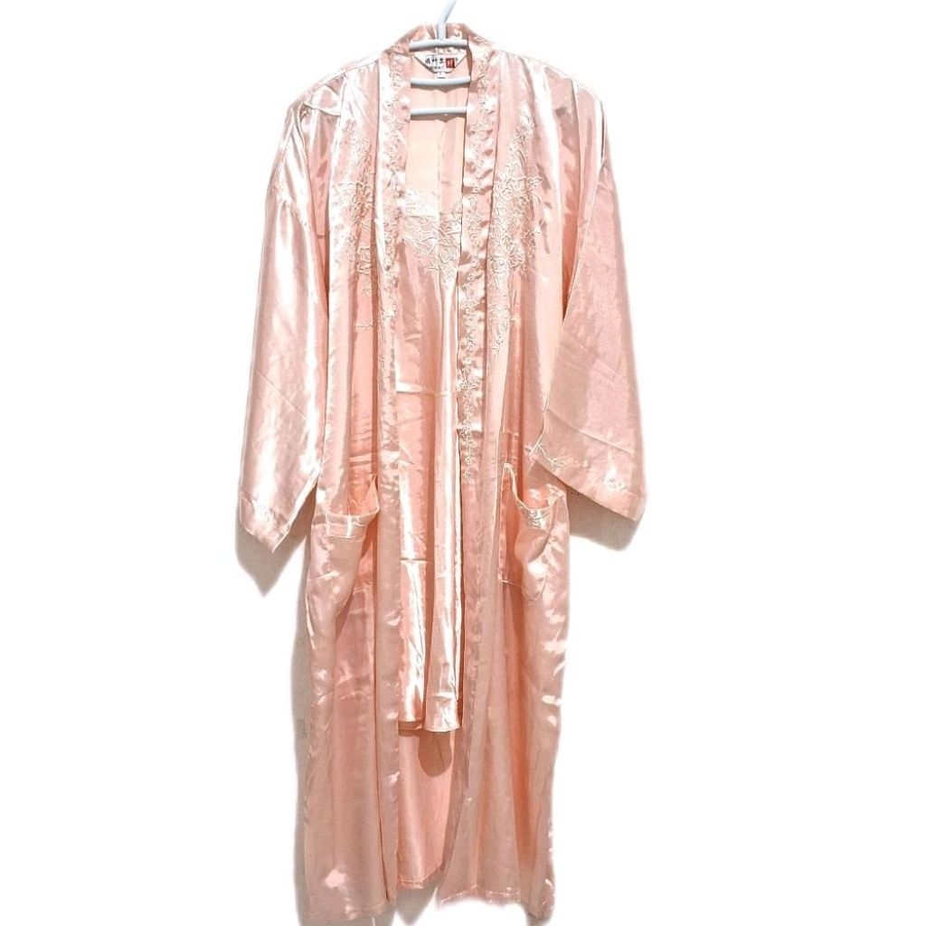 Baju tidur lingerie kimono bordir bahan satin premium warna salem size L