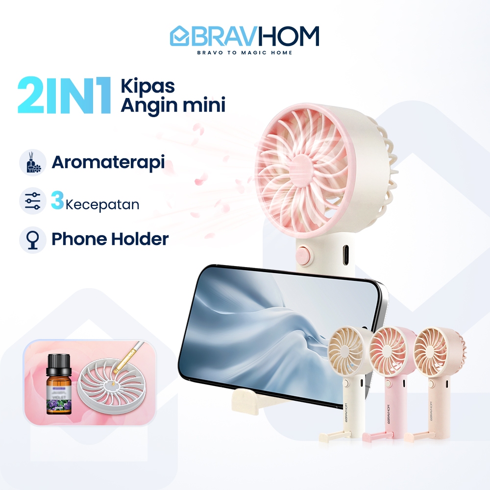 BRAVHOM Kipas Angin Mini Portable 2IN1 Aromaterapi 3 Kecepatan Phone Holder Kipas Mini BL-FN18
