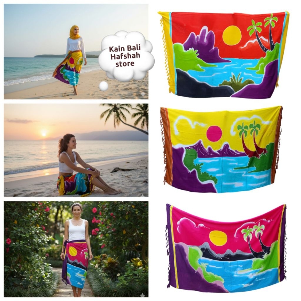 Kain bali motif pantai lukis dua sisi/Kain pantai bahan rayon halus dan adem/Kain bali motif pemanda
