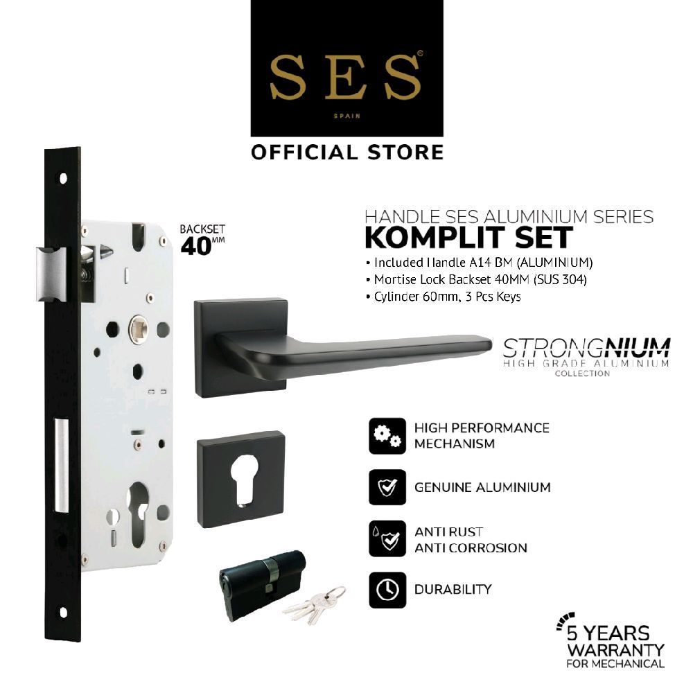 Gagang Pintu Set - Handle Pintu SES Aluminium A14 BM + Body Kunci SES ECO E2030 - 40mm BM