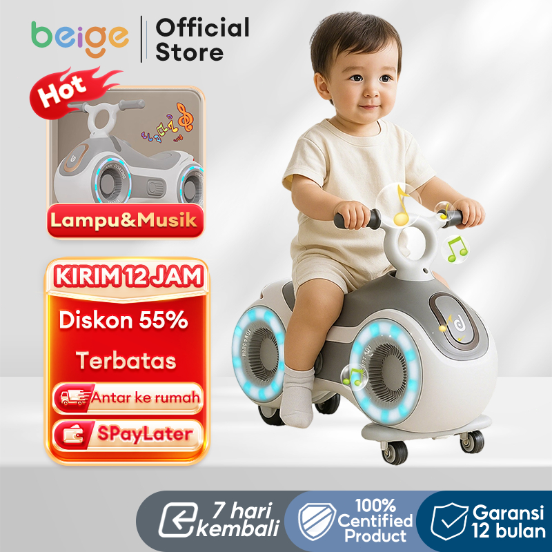 BEIGE Sepeda Anak Balance Bike Musik & Lampu Usia 1-6 Tahun Portabel Bayi Hadiah
