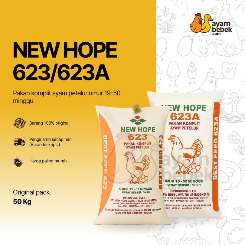 NEW HOPE 623 – Pakan Komplit Ayam Petelur Umur 19–50 Minggu | REPACK | AyamBebek.com