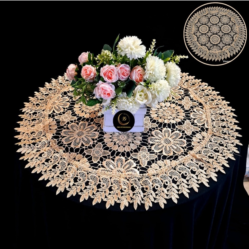 Taplak Meja Bulat Kecil 40 50 60 90 cm Shabby Chic Mewah Bordir Gold Emas Minimalis