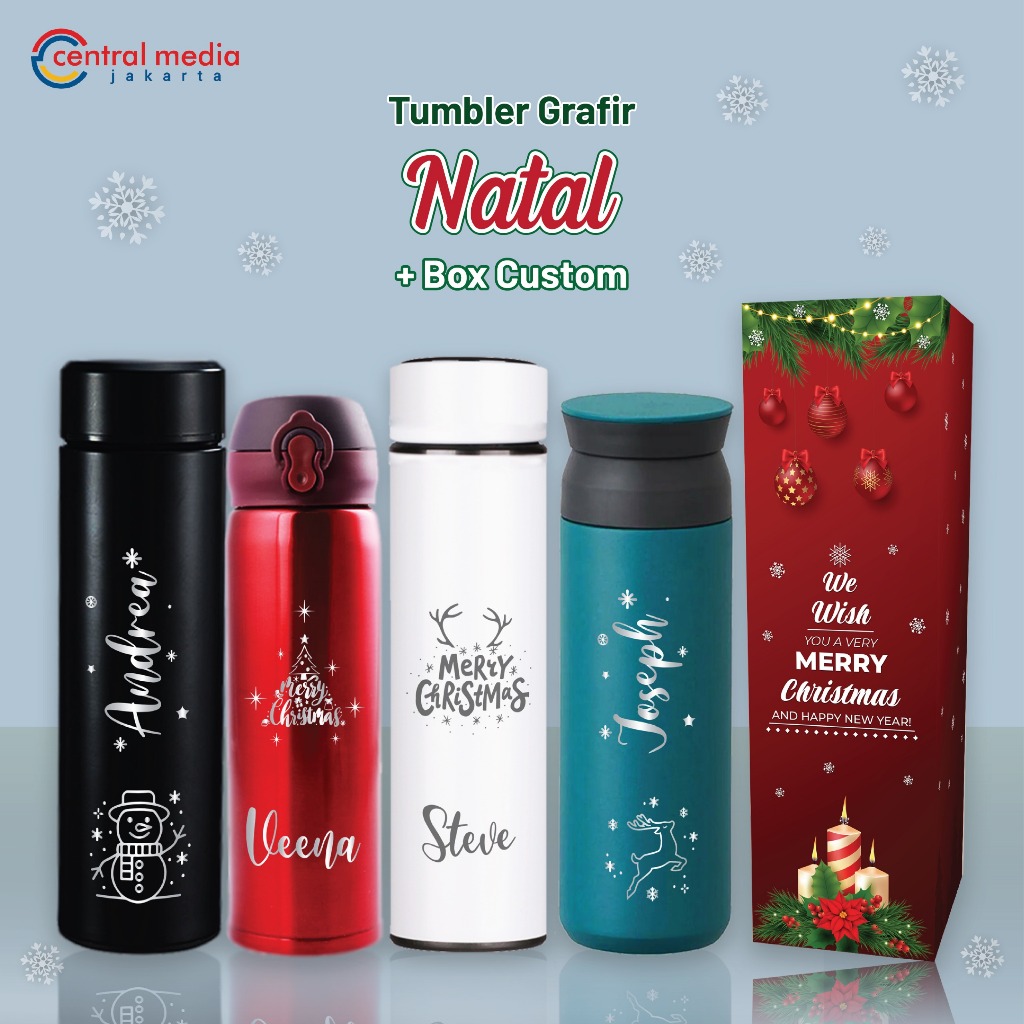 Tumbler Natal Grafir Custom Nama + Gift Box Hampers Christmas Kado Natal Botol Minum