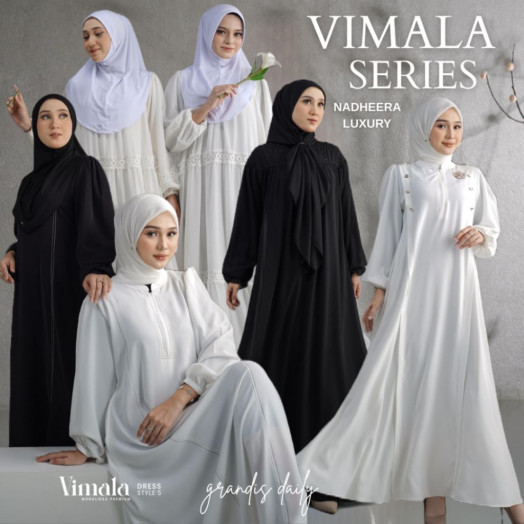 VIMALA DRES MIDI NADHEERA LUXURY STYLE 1 2 3 4 5 GAMIS HITAM PUTIH POLOS SIMPEL RAYON PREMIUM BABYDO
