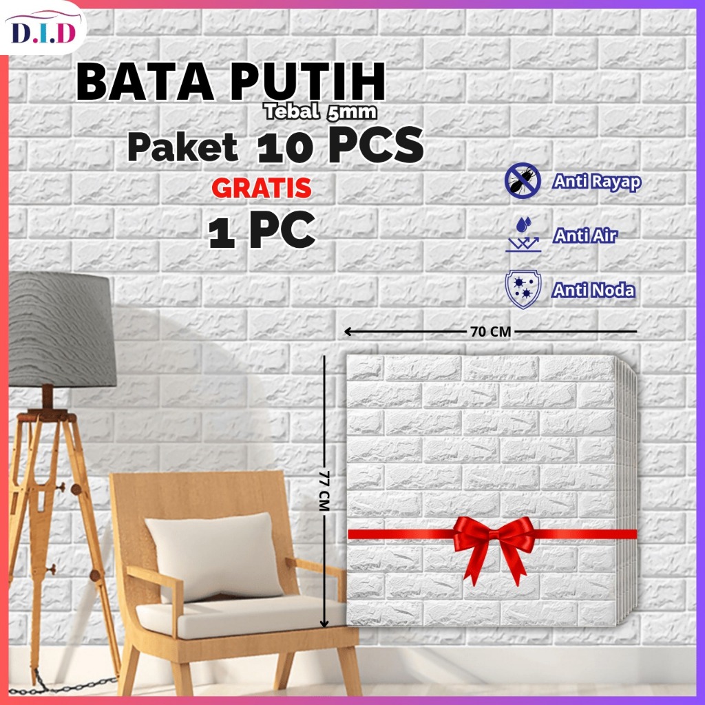 DID - PAKET 10 LEMBAR Wallpaper Foam Bata Putih 70 x 70 CM Tebal 5 mm Wallpaper Dinding Foam Timbul 