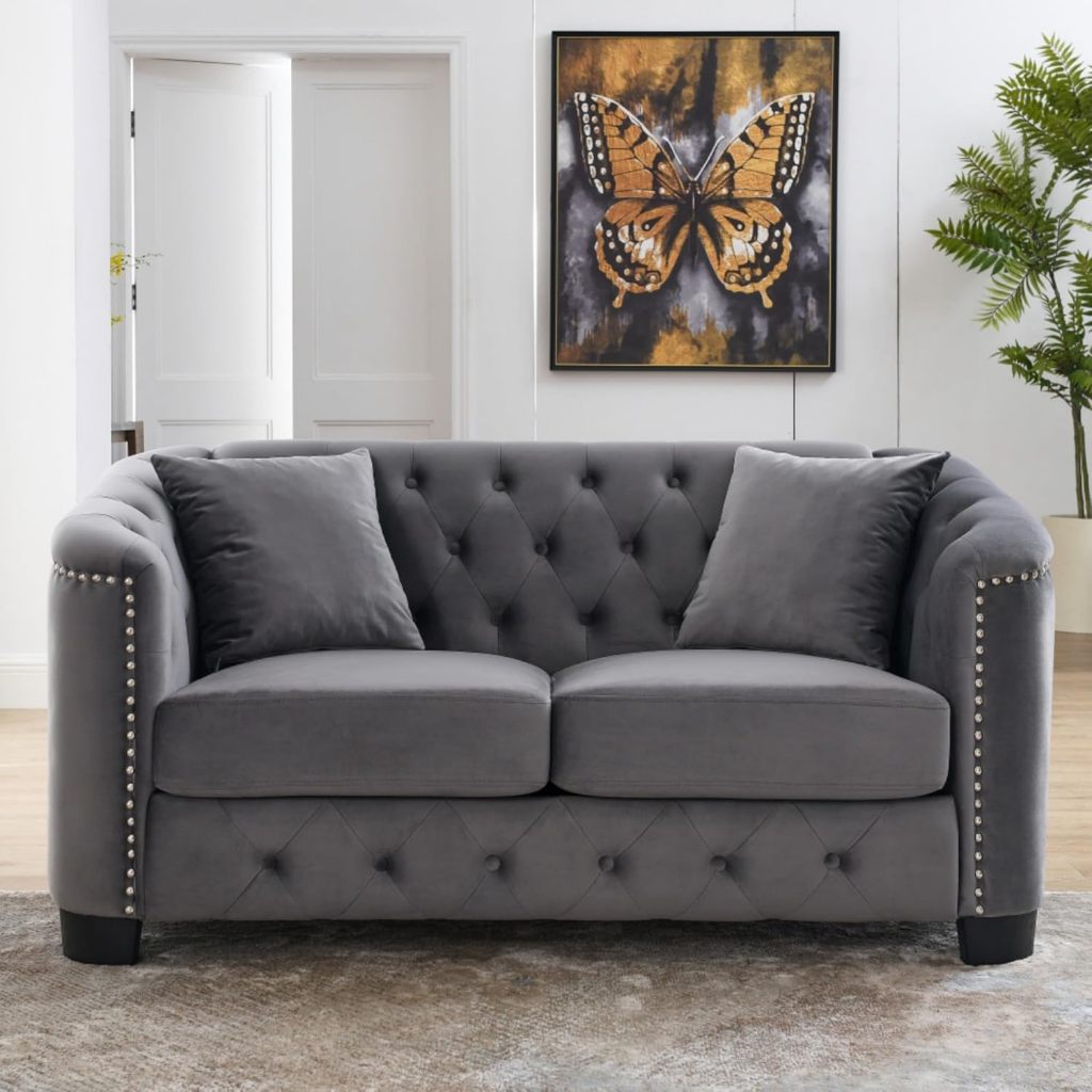 Sofa Chesterfield Velvet Modern 3 Seater / 2 Seater Minimalis Elegan Nailhead Trim + 2 Bantal