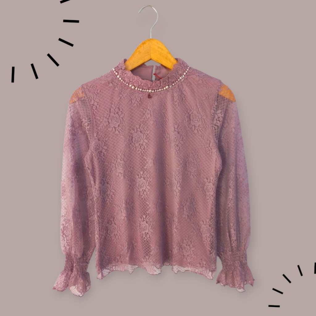Blouse Brukat Ungu Atasan Wanita Lace Lengan Panjang Premium