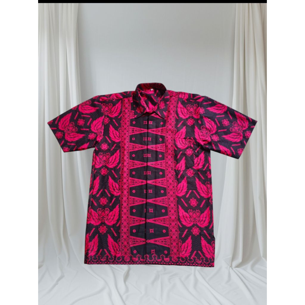 Kemeja/Baju Batik Baduy Banten Pria Lengan Pendek Motif tapak kebo Pink Hitam