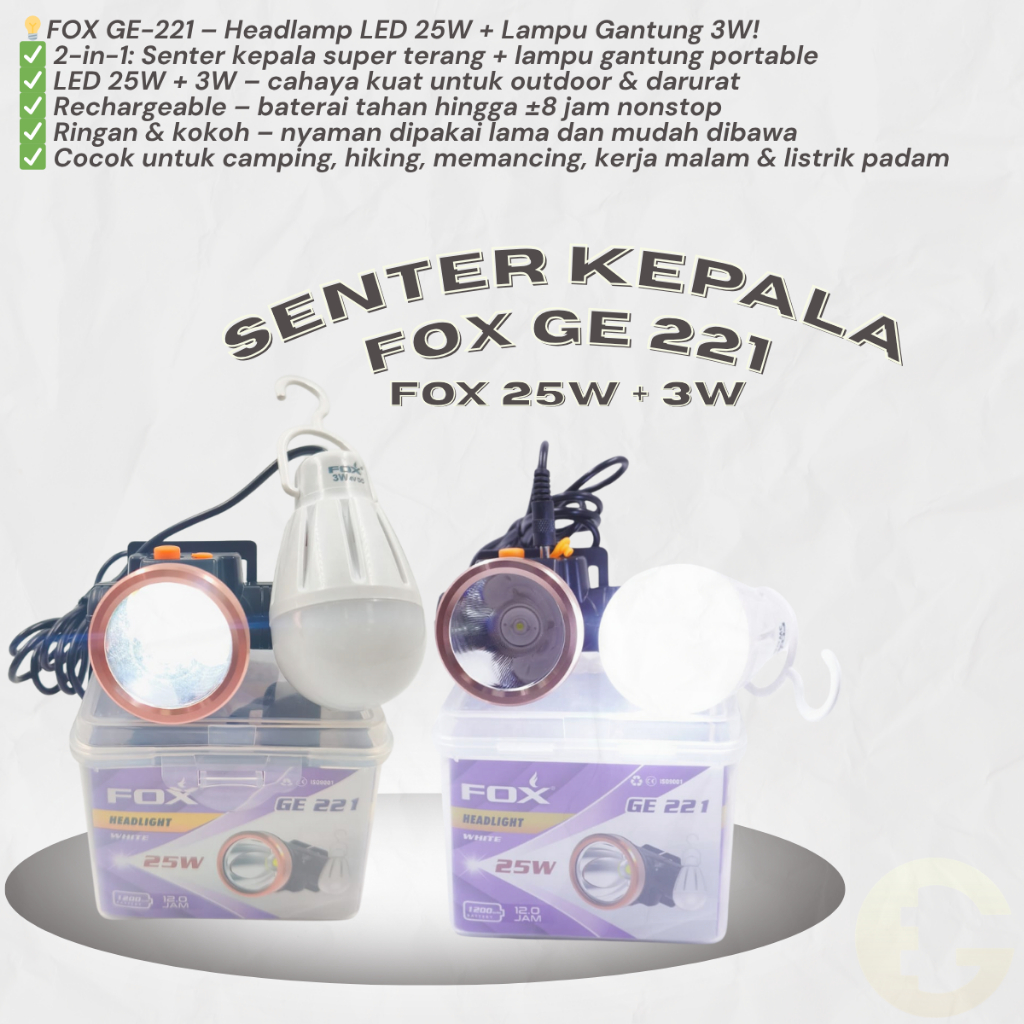 Senter Kepala LED FOX GE-221 – Headlamp Cas Rechargeable 20W + Lampu Gantung 3W, Outdoor Camping