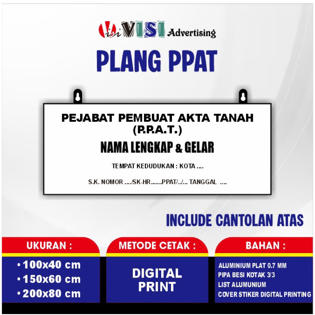 PLANG PPAT/ PAPAN NAMA STIKER PEJABAT PPAT/PEMBUAT AKTA TANAH PPAT UNTUK KANTOR