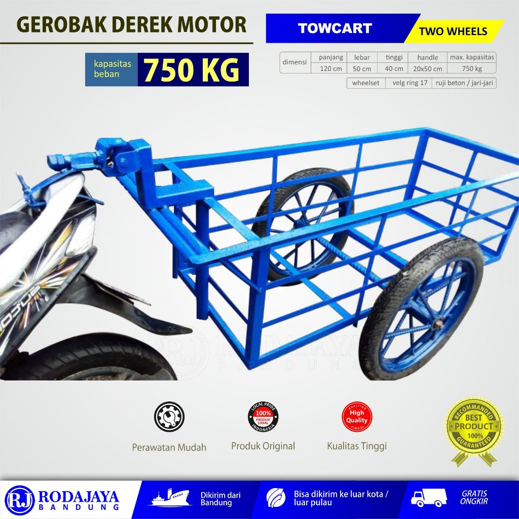 Gerobak tarik motor / Gerobak derek motor / TOW CART / CRANE BARROW / ukuran 120x50x40 cm / kekuatan