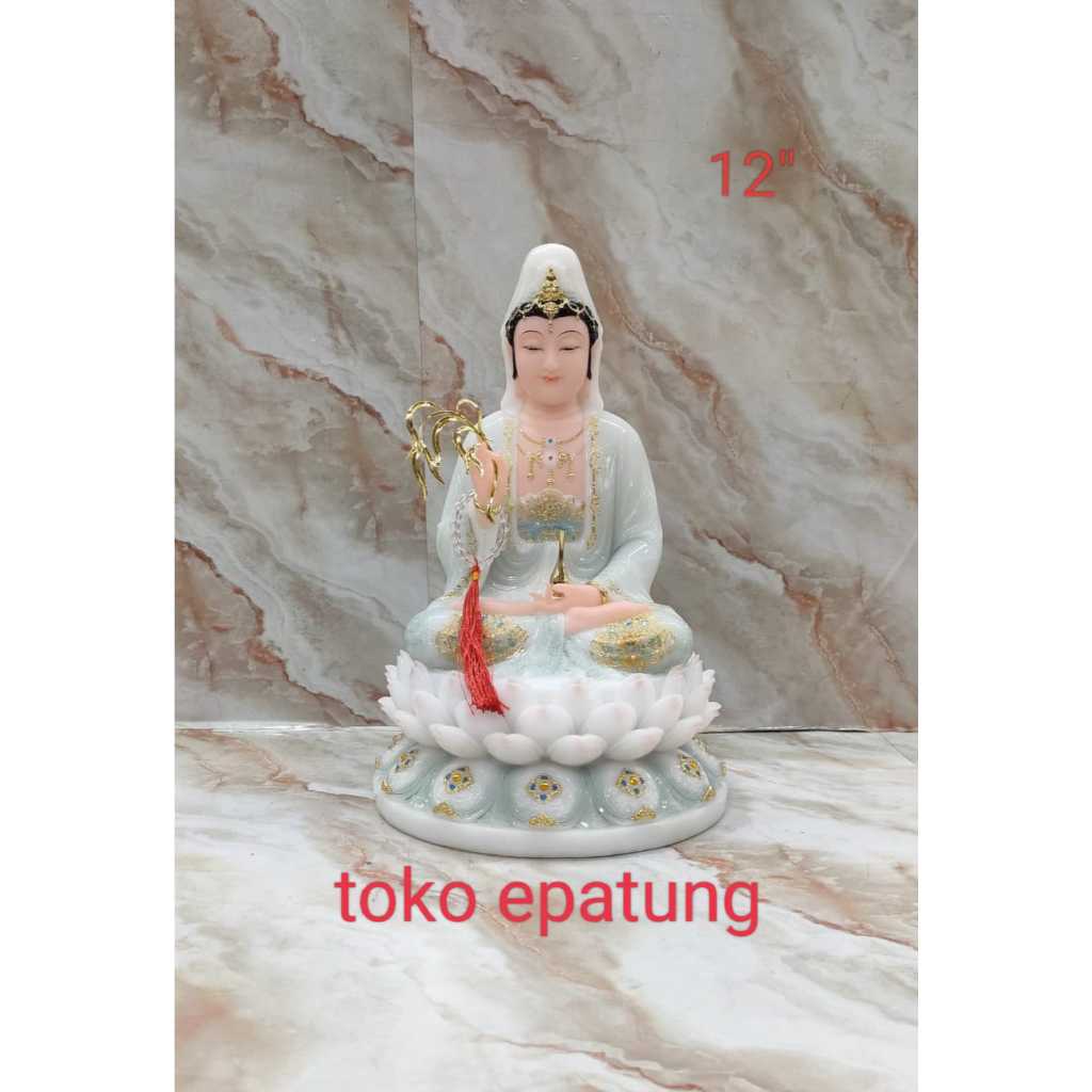 patung dewi kwan im / guan yin / kwan in - 12 inch - marmer / hpy  - putih hijau - l25