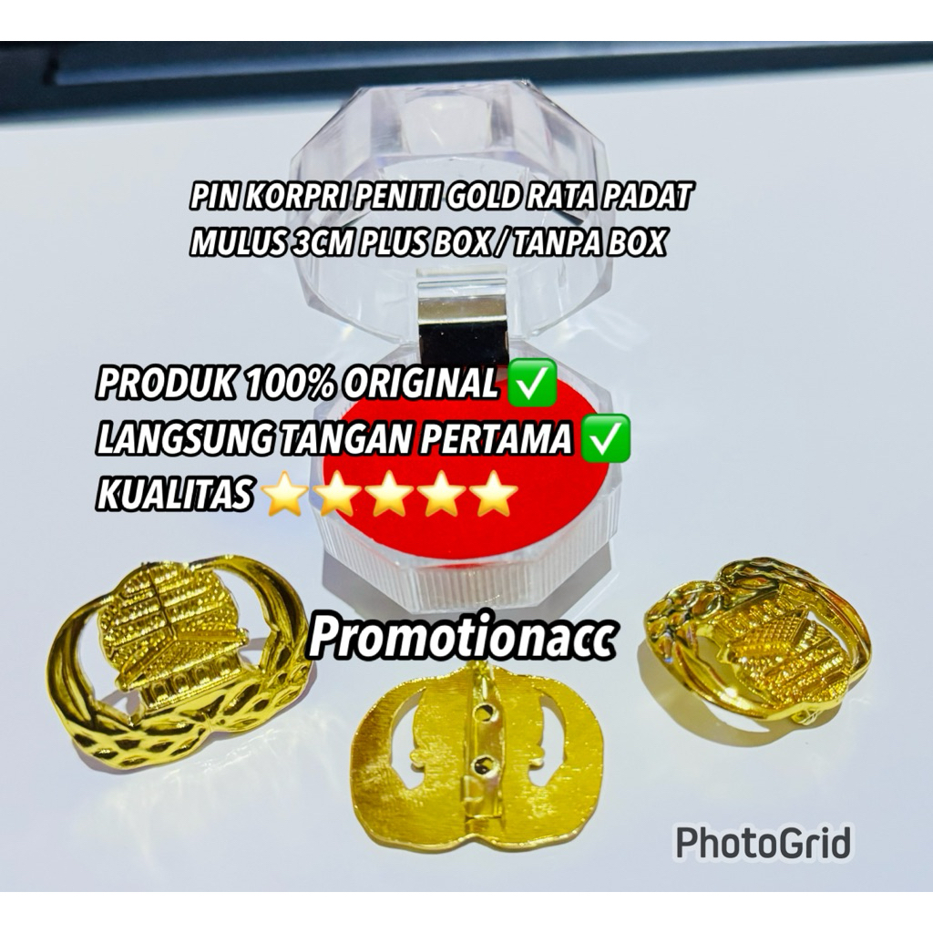 Pin Korpri Gold Peniti Plus Box / Tanpa Box Bahan Logam Kuningan sepuh Emas Rata Padat Mulus 3cm Pin