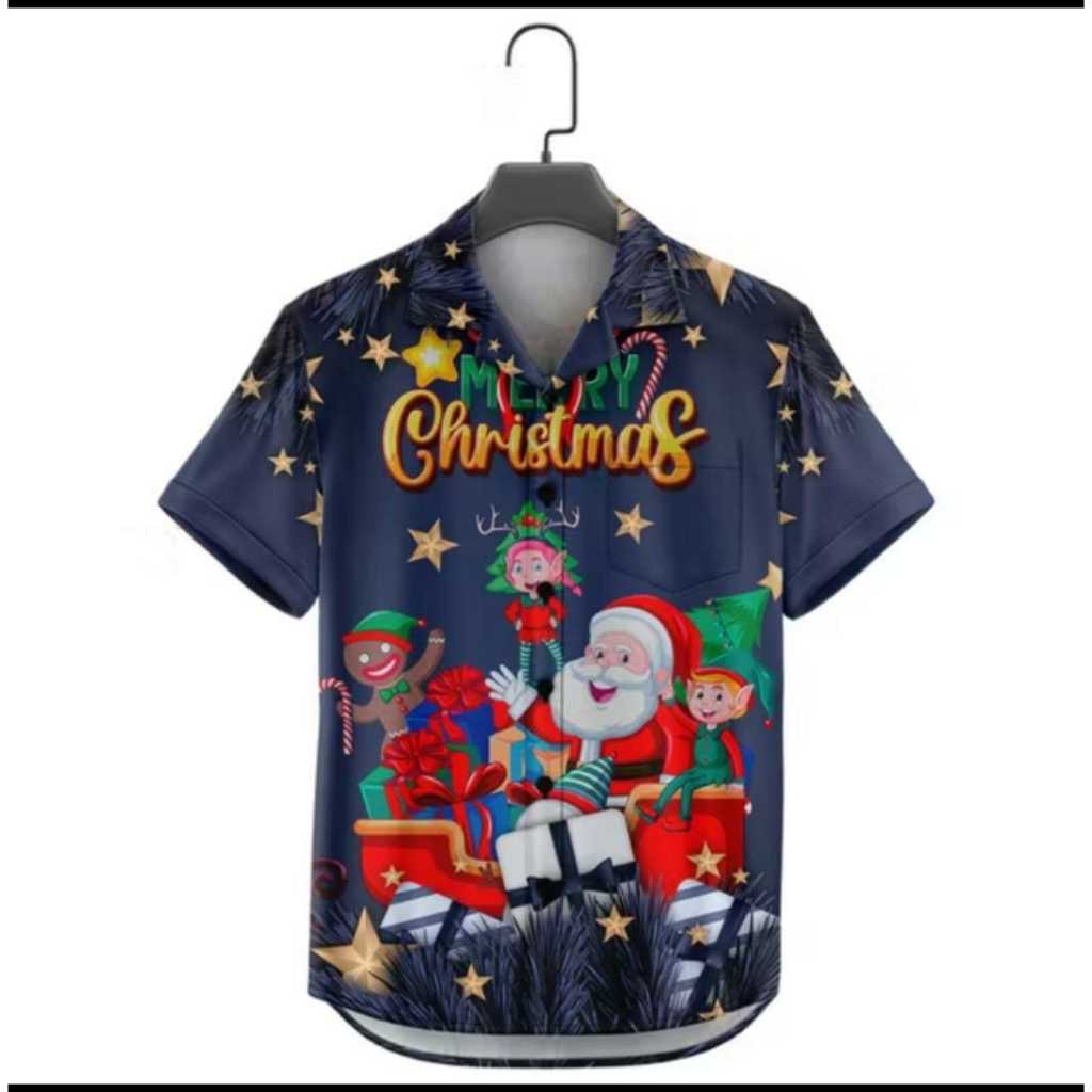 BAJU KEMEJA NATAL ANAK LAKI MOTIF SANTA / KEMEJA ATASAN PRIA DEWASA NEW CHRISTMAS