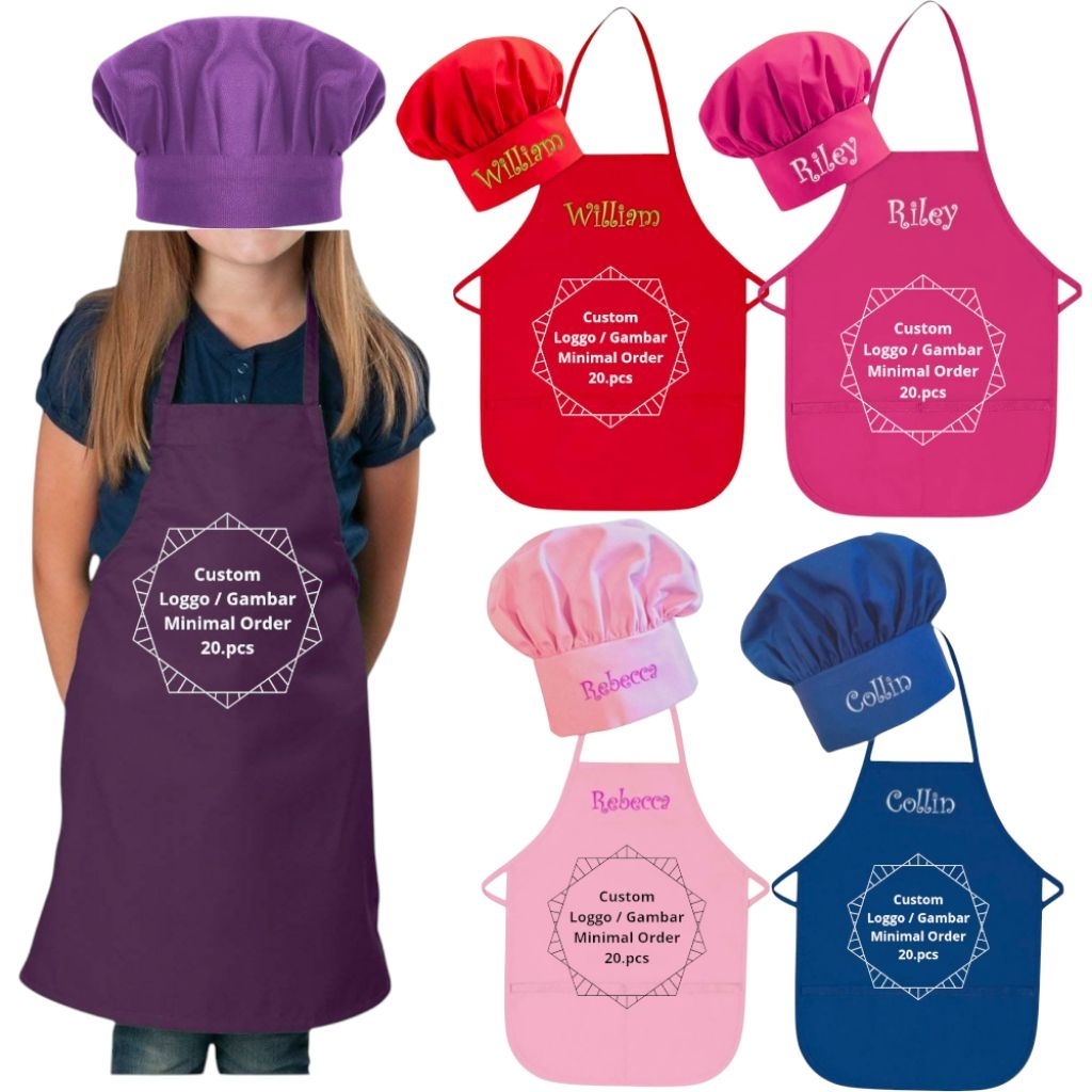 STELAN APRON CELEMEK TOPI KOKI ANAK CUSTOM GAMBAR