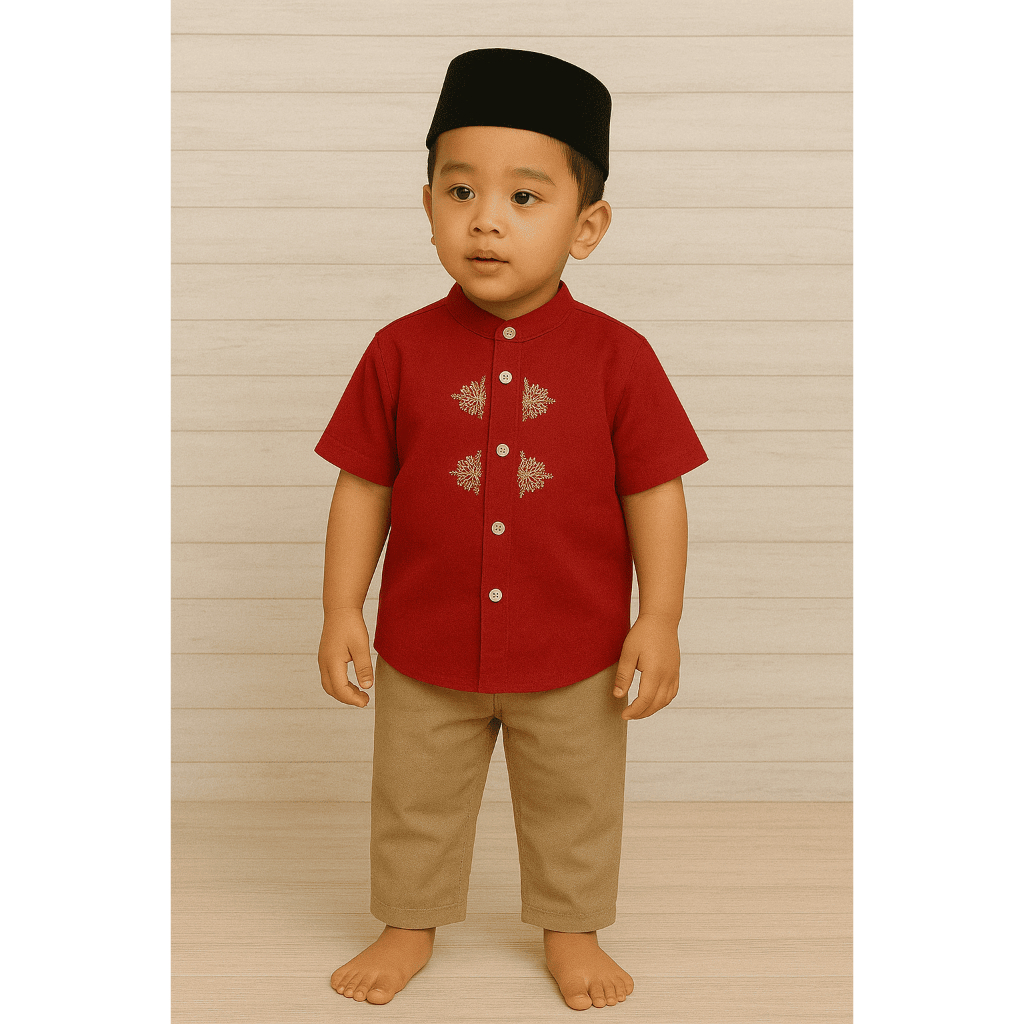 USON KODE 0481 SETELAN KEMEJA KOKO KEMKO ANAK COWOK USON CELANA PANJANG (MERAH & BIRU)