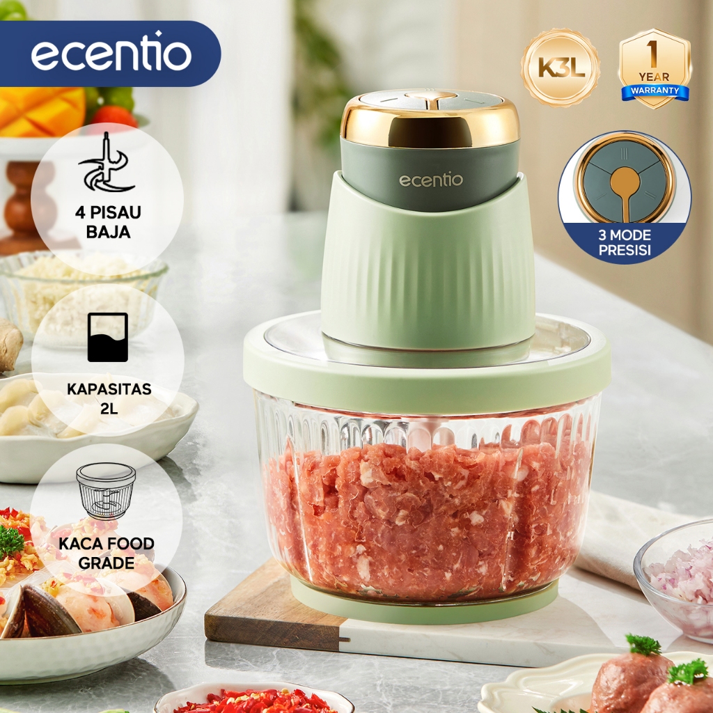 ecentio 3 Kecepatan Penggiling Daging 2.5L Food Chopper 4 Mata Pisau Kaca Food Processor 250W Food G
