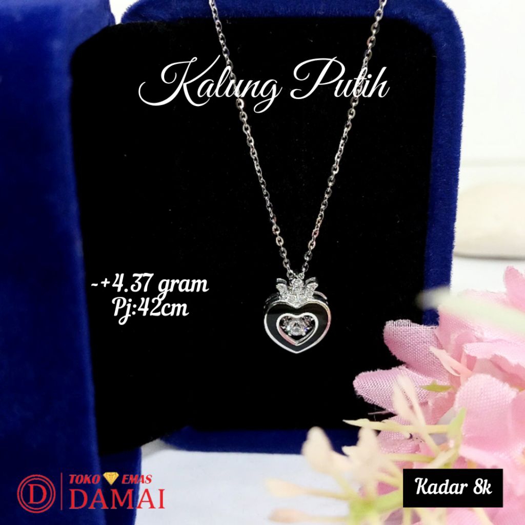 Kalung emas putih model love plat hitam full mata putih lengkap 8k ||-+4.37gram