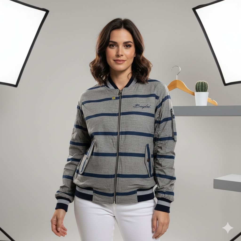 Jaket Bomber motif bunga dan salur jsket bomber Wanita Kekinian