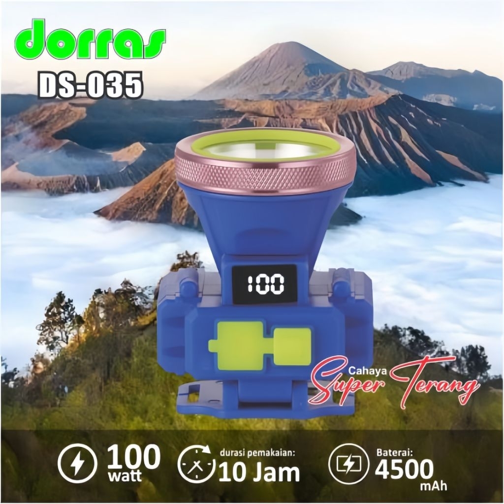 Senter kepala Dorras Ds 035 100watt cahaya putih super terang/senter kepala cas cahaya super terang