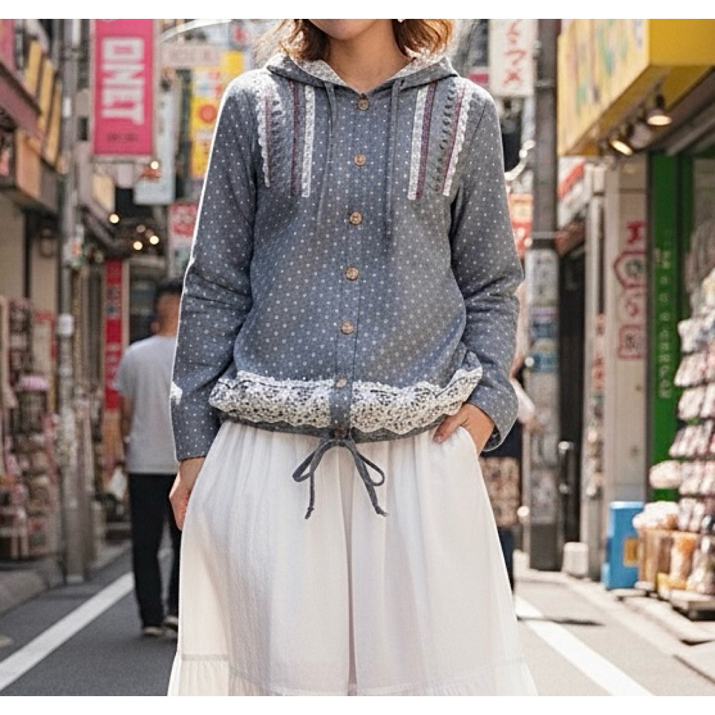 BLUS JAKET HOODIE LINEN ABU POLKA DOT BORDIR & LACE IMPORT