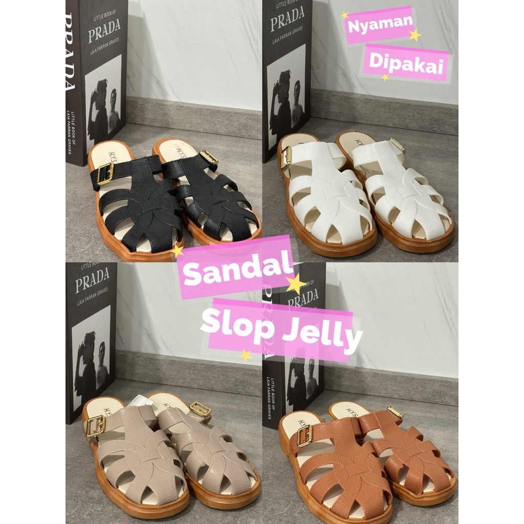Sepatu Sandal Wanita Sandal Selop Slop Jelly Tertutup Slip On Wanita tinggi 3 cm Hitam Putih Cokelat