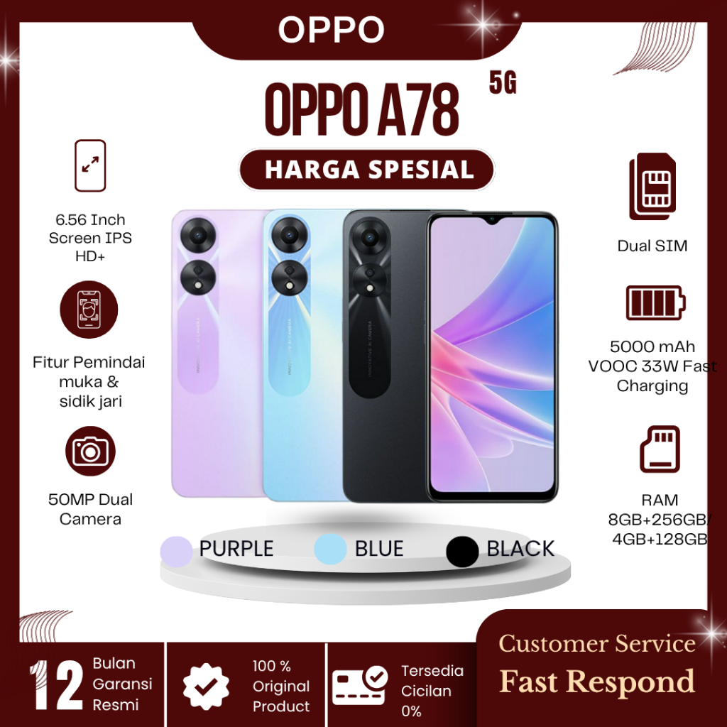HP OPPO A78 5G Asli RAM 8/256GB – Warna Hitam, Ungu, Biru – HP Murah 2025 Kamera 50MP Baterai 5000mA