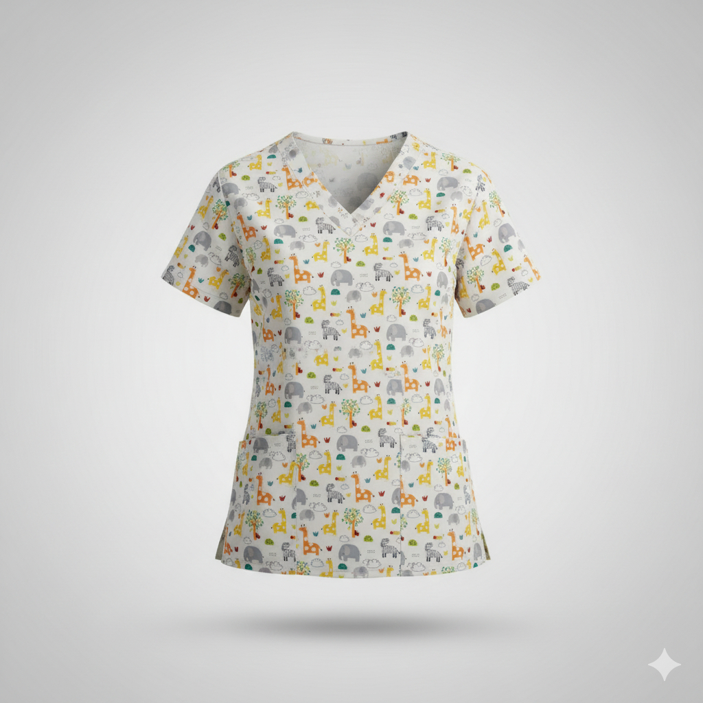 Baju jaga dokter / Baju perawat / Baju KoAs katun karakter motif safari island kuning 1411