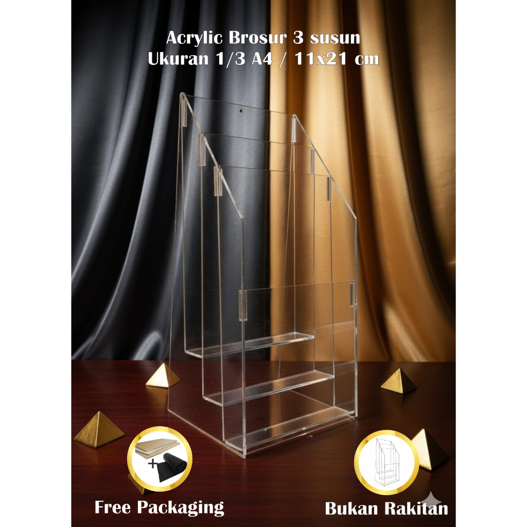 Acrylic Tempat Brosur 1/3 A4 2mm 3 susun / Rak Display Brosur 3 tingkat / Rak Katalog Ukuran 1/3 A4 