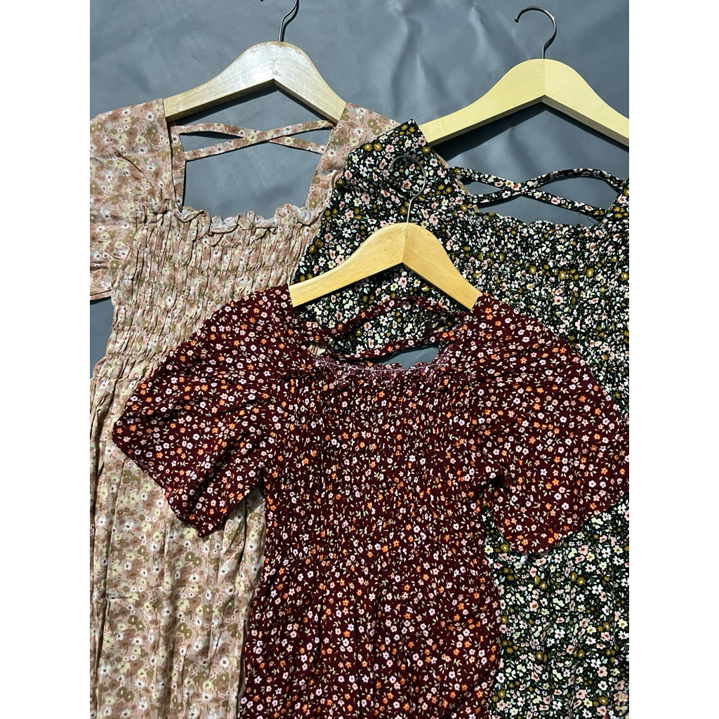 DASTER SMOK LENGAN PENDEK/PANJANG KERUT MOTIF BUNGA ALL SIZE