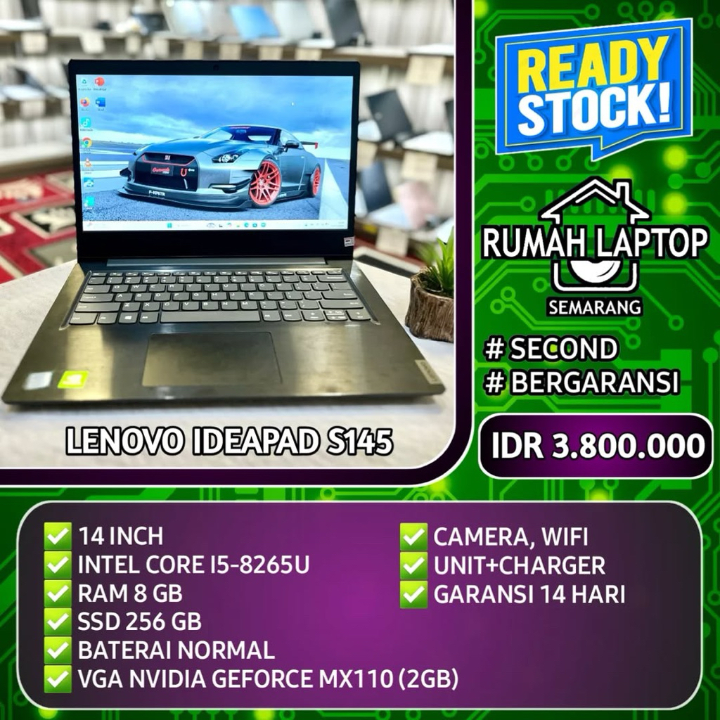 Laptop Lenovo ideapad S145 (second). Intel Core i5-8265U. RAM 8 GB. SSD 256 GB. VGA Nvidia MX110 (2 