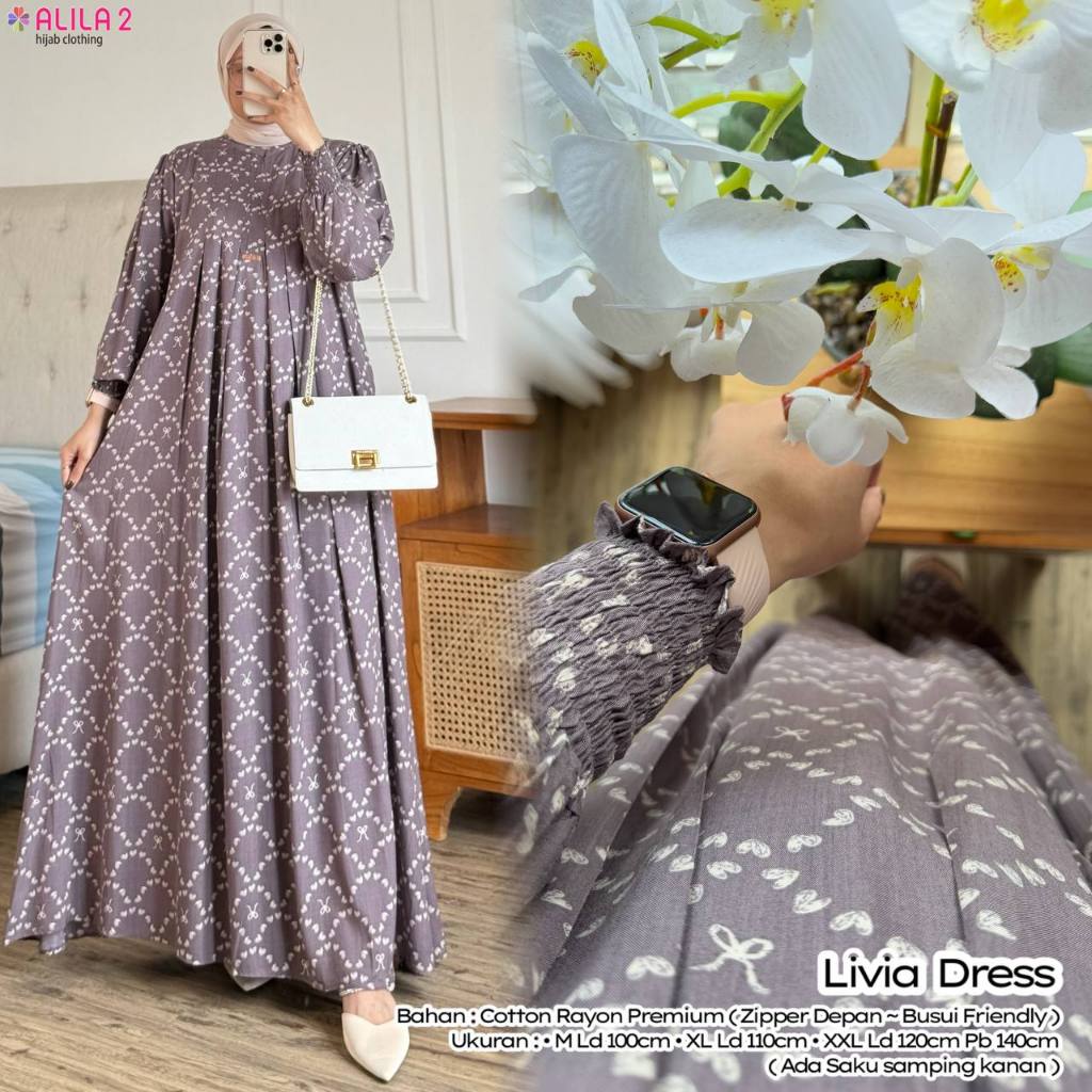 Livia Dress Original Cotton Rayon Premium Gamis Wanita Livia Alila Zipper Depan Size M-XL-XXL-4L