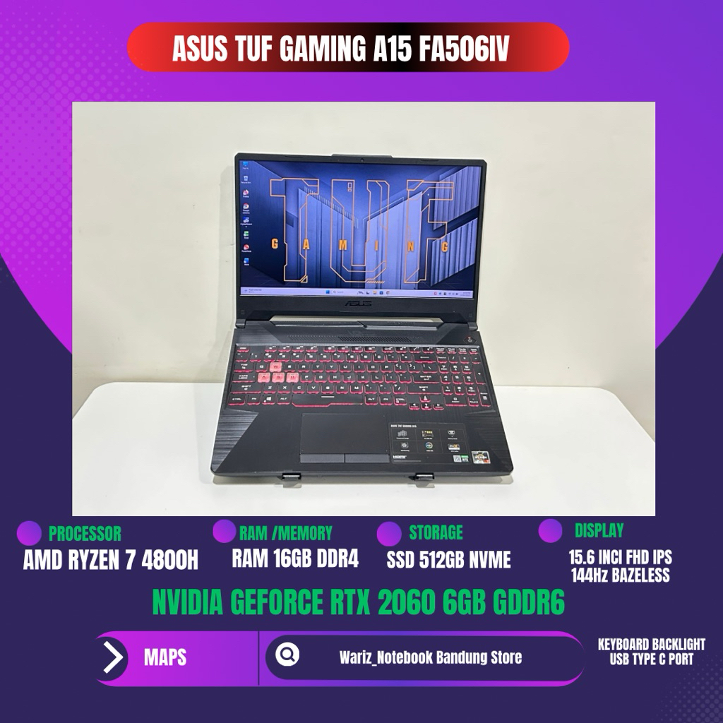 ASUS TUF GAMING A15 FA506IV AMD RYZEN 7 4800H RTX 2060 6GB RAM 16GB SSD 512GB 144Hz