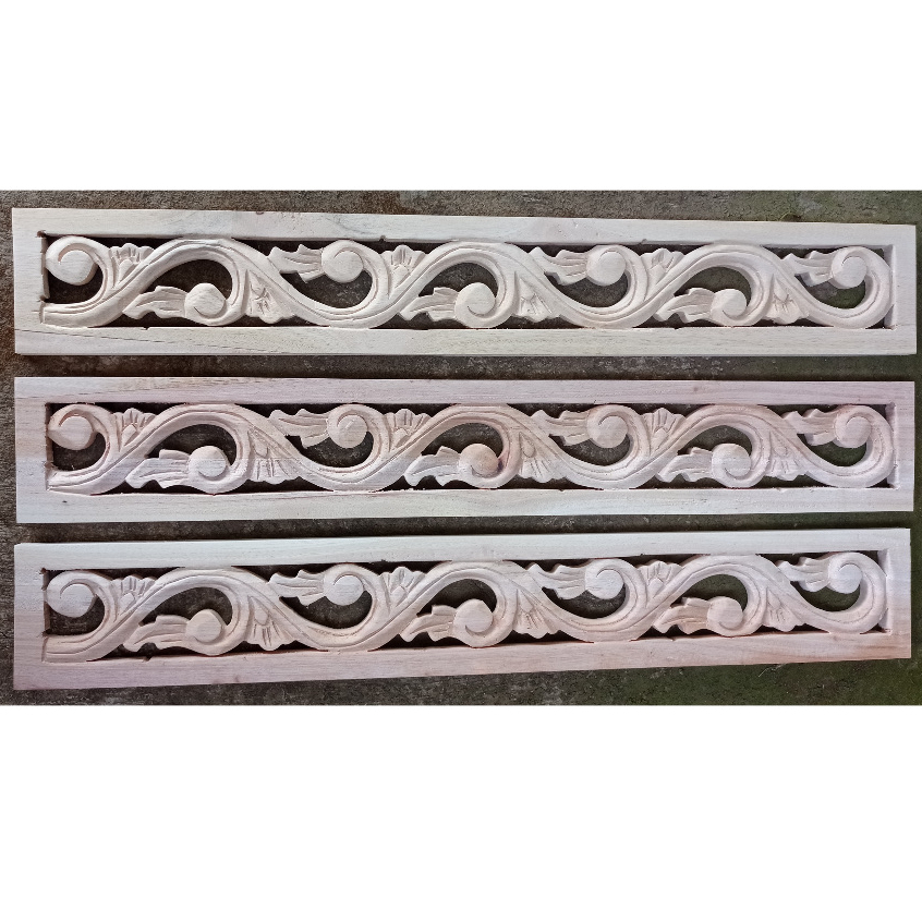 Dekorasi Dinding 60 X 9 cm Ornamen Ukir Tempel Soko Tiang Rumah Kayu Mahoni Motif Lung Lis