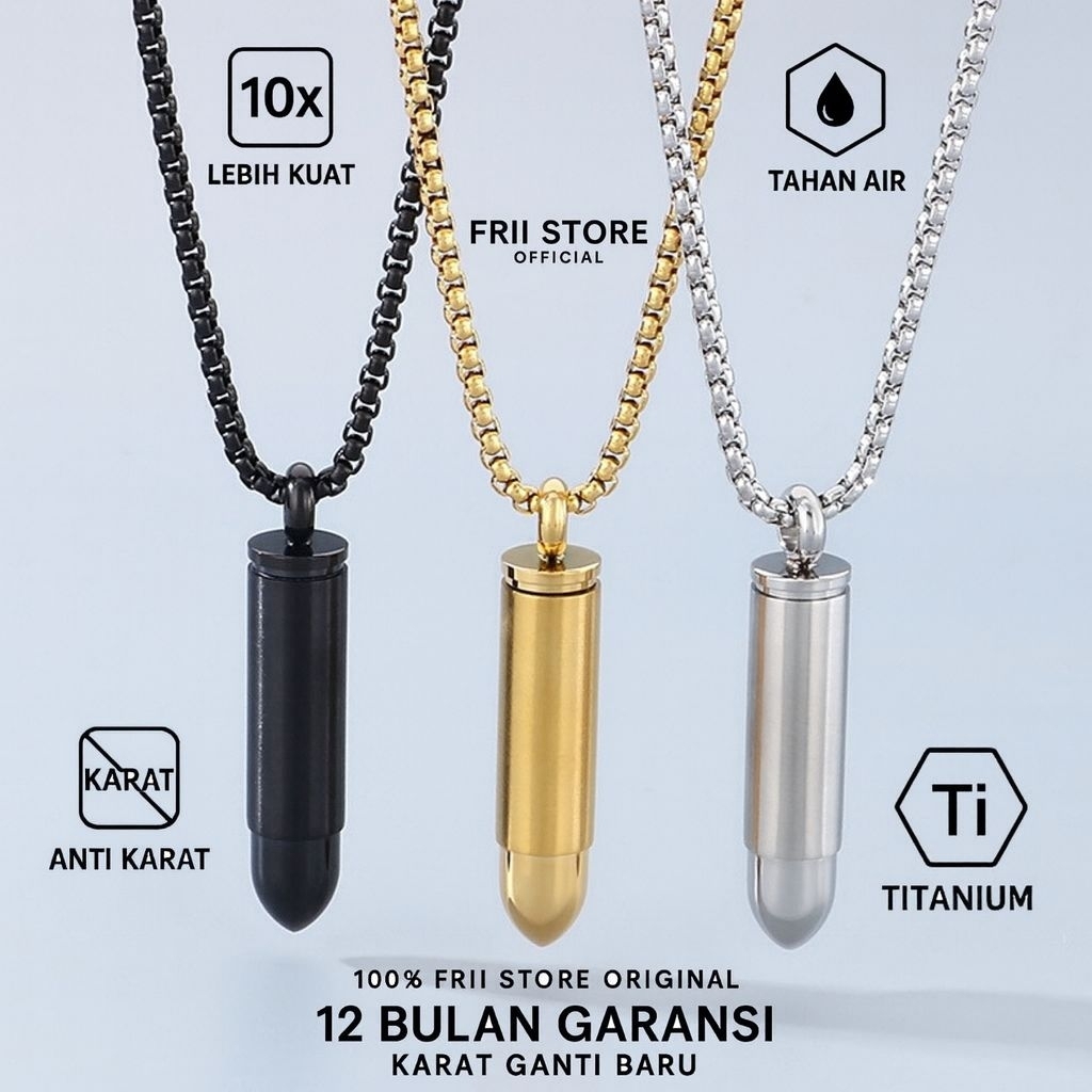 Kalung Peluru Pria Maskulin Stainless Steel | Aksesoris Kalung Titanium Warna Emas Hitam Silver
